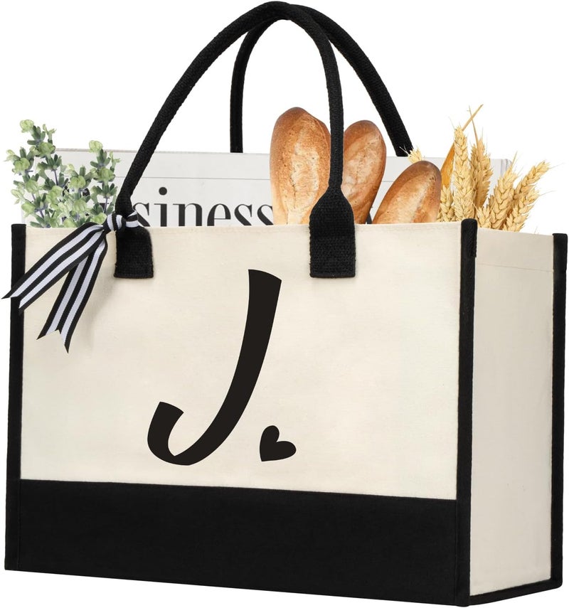 shenee Initial Canvas Tote Bag, Personalized Beach Jute Bag Present for Women Holiday,Friends Birthday Gift,Wedding, New Year - Image 1